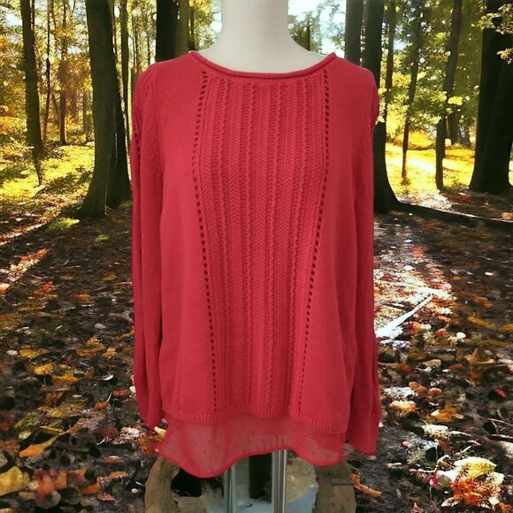 Lucky Brand Sweater S Red Layered Chiffon Long Sleeve Pullover Swiss Dot Flowy. - Picture 9 of 16